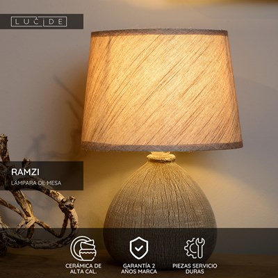 Lucide RAMZI - Lámpara de mesa - Ø 18 cm - 1xE14 - Marrón